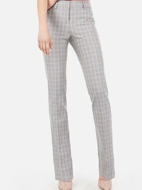 Express Plaid Columnist Barely Boot-Cut Pants in Light Gray with Pink Windowpane